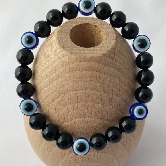 BLACK Onyx and Evil Eye Stretch Bracelet - Picture 11 of 11